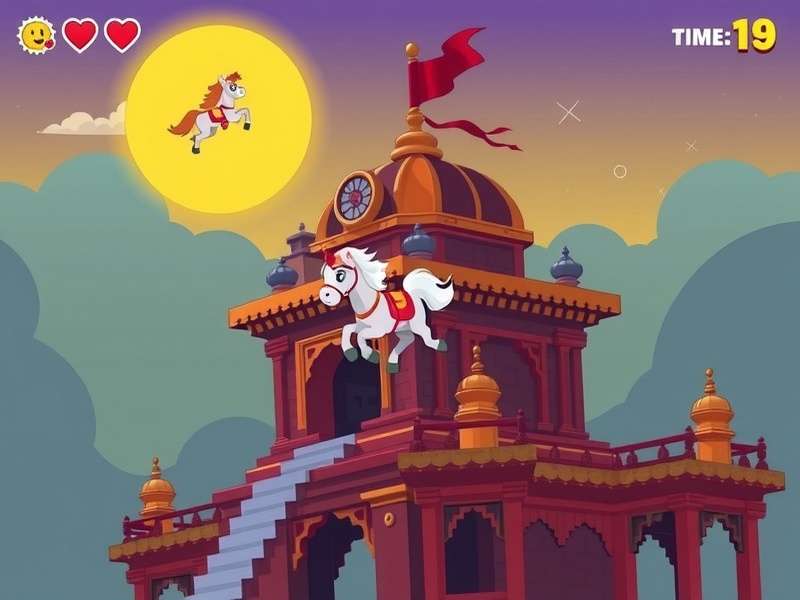 Glow Gallop game screenshot showing Lumi jumping over a traditional Indian temple